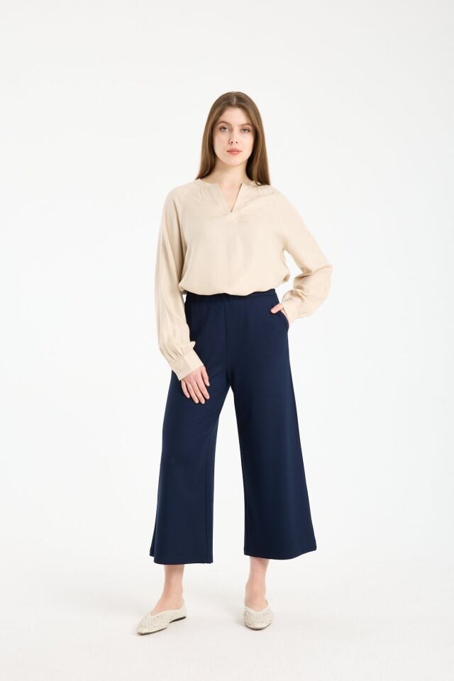 Yüksek Bel Beli Lastikli Bol Paça Cepli Likralı Kadın Pantolon – Rahat Kesim Günlük Esnek Pantolon LACİVERT - 3XL