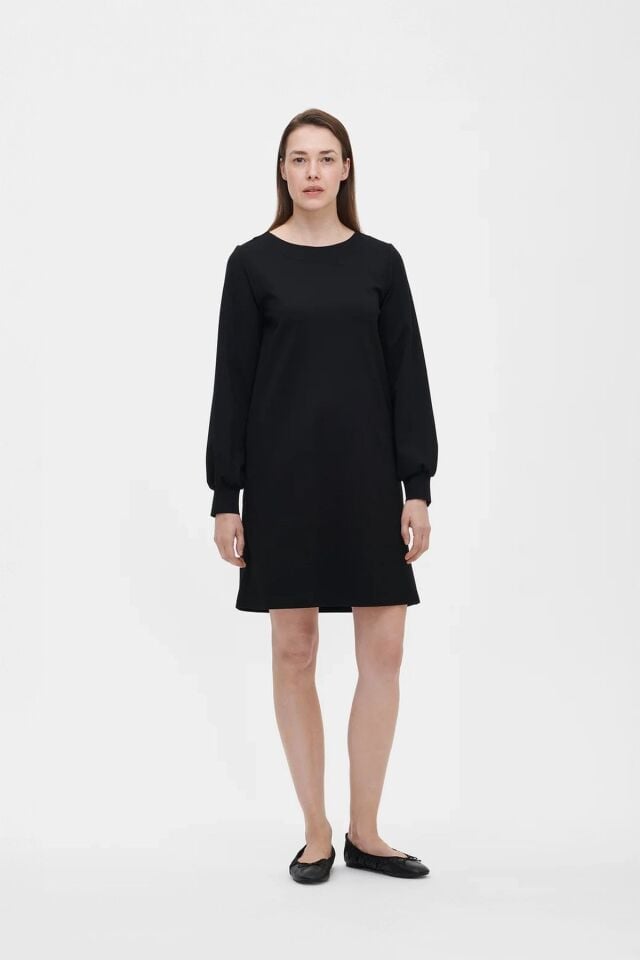 Yuvarlak Kayık Yaka Uzun Kollu Cepli Kadın Elbise – Klasik Esnek Likralı Elbise SİYAH - XXL