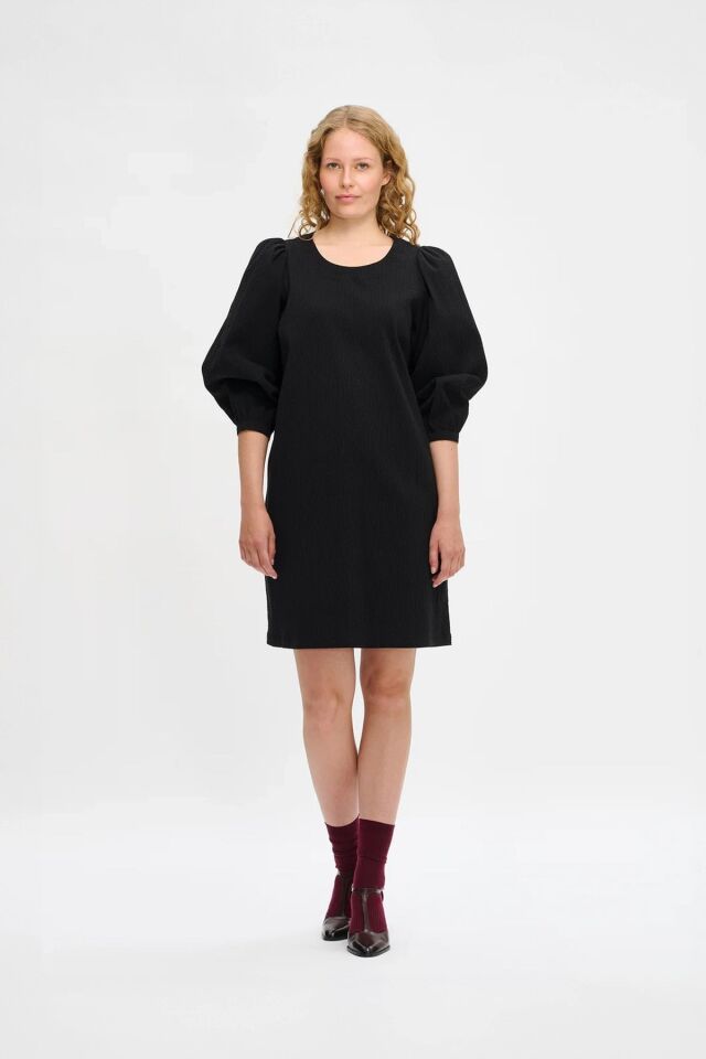 Yuvarlak Yaka Balon Kol Kadın Diz Üstü Elbise - Siyah Kısa Kollu Klasik Elbise SİYAH - 48