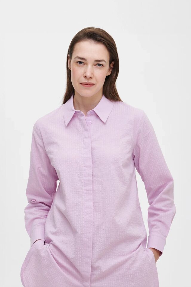 Uzun Kollu Çizgili Dokulu Uzun Boy Kadın Gömlek Tunik LİLA - 46