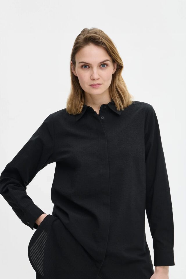 Uzun Kollu Çizgili Dokulu Uzun Boy Kadın Gömlek Tunik SİYAH - 48