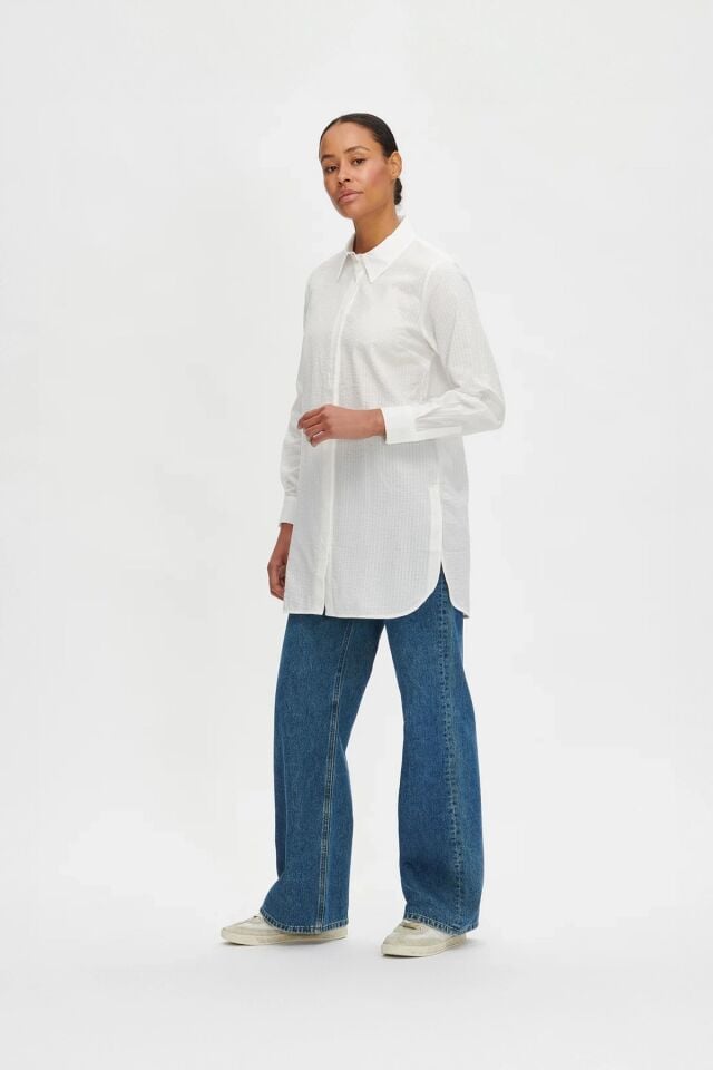 Uzun Kollu Çizgili Dokulu Uzun Boy Kadın Gömlek Tunik EKRU - 48