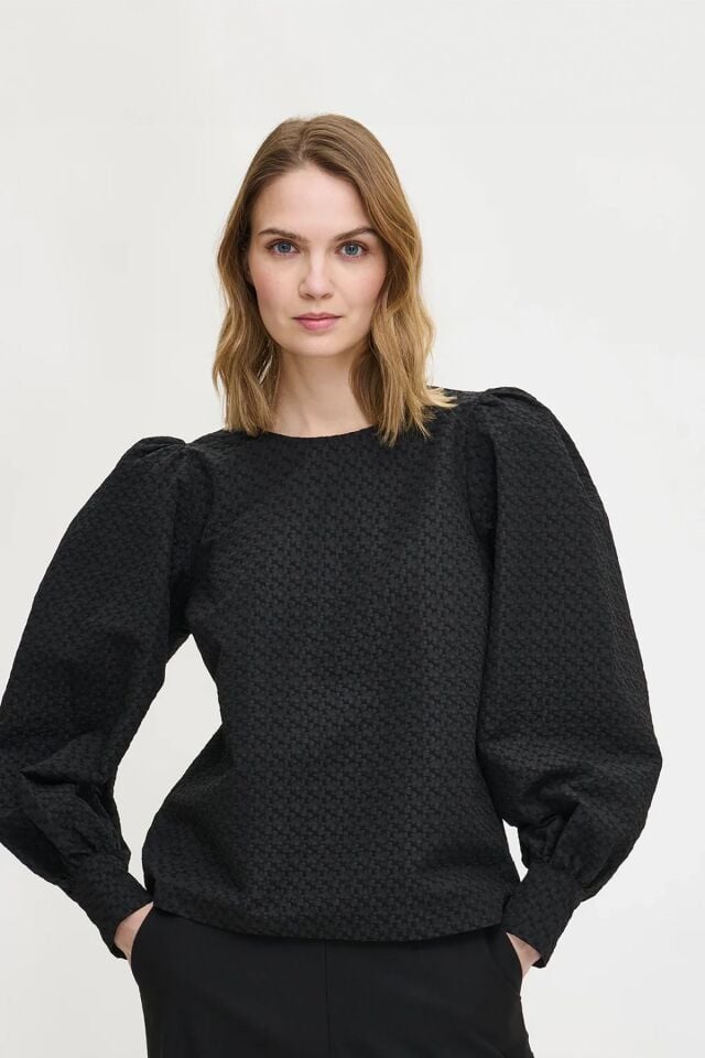 Kadın Kabartmalı Dokulu Uzun Kollu Balon Kol Bluz SİYAH - 48