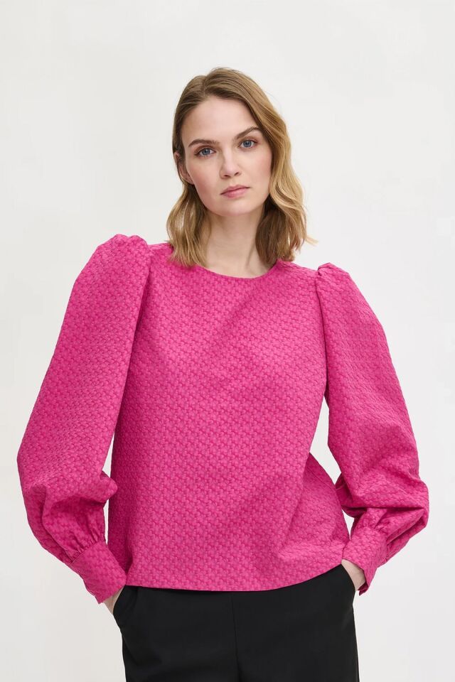Kadın Kabartmalı Dokulu Uzun Kollu Balon Kol Bluz FUŞYA - 48