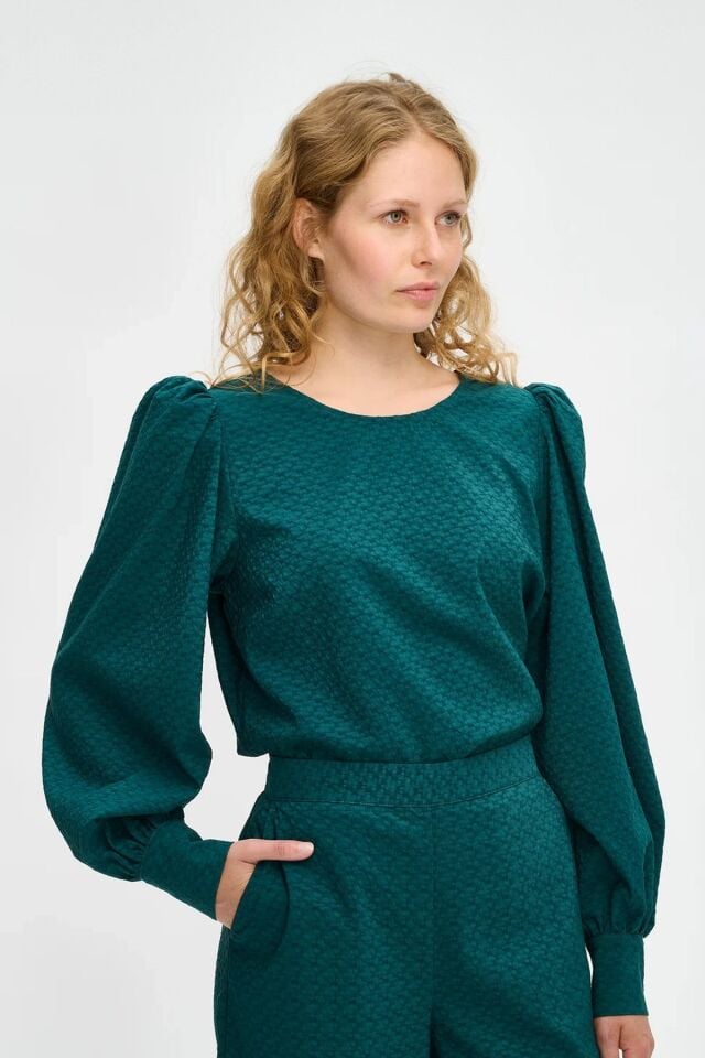 Kadın Kabartmalı Dokulu Uzun Kollu Balon Kol Bluz YEŞİL - 48