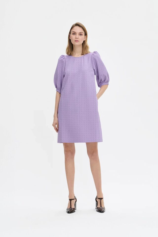 Kadın Kabartmalı Dokulu Yarım Kol Diz Üstü Balon Kol Elbise LİLA - 48