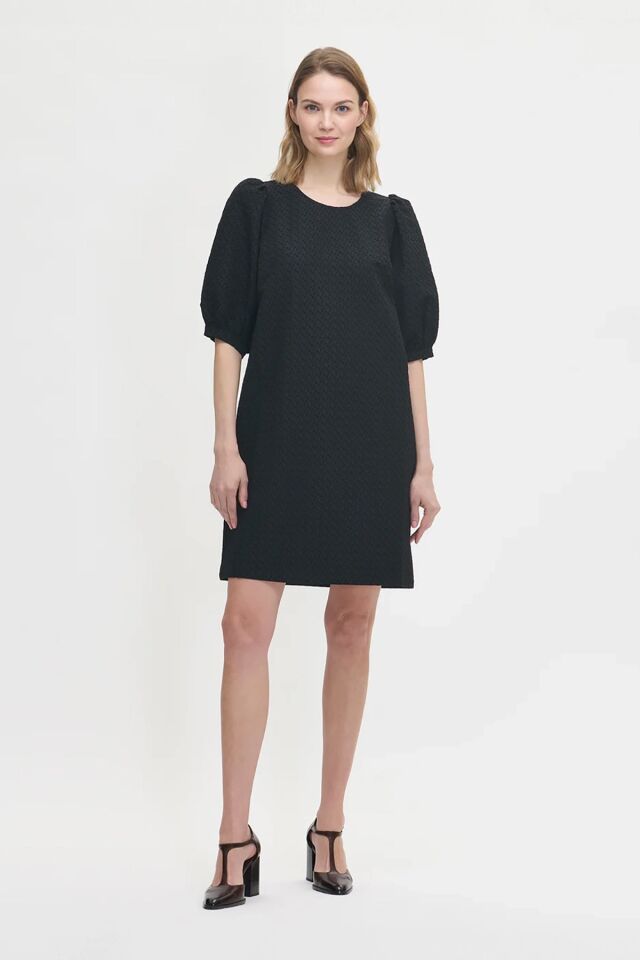 Kadın Kabartmalı Dokulu Yarım Kol Diz Üstü Balon Kol Elbise SİYAH - 48