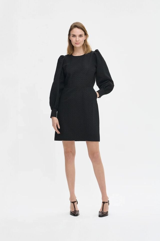 Kadın Kabartma Dokulu Uzun Kollu Balon Kol Diz Üstü Astarlı Elbise SİYAH - 48