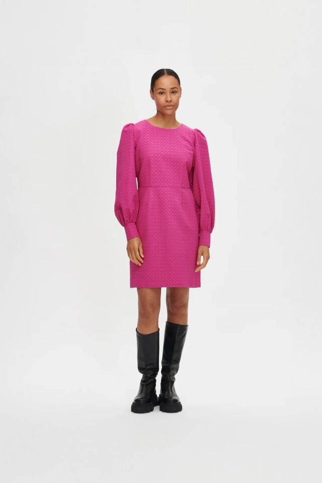 Kadın Kabartma Dokulu Uzun Kollu Balon Kol Diz Üstü Astarlı Elbise FUŞYA - 44