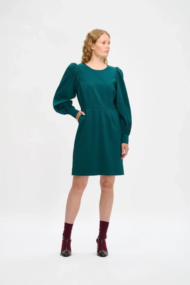 Kadın Kabartma Dokulu Uzun Kollu Balon Kol Diz Üstü Astarlı Elbise YEŞİL - 48