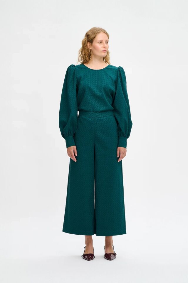 Kadın Kabartma Dokulu Yüksek Bel Geniş Paça Cepli Pantolon YEŞİL - 48