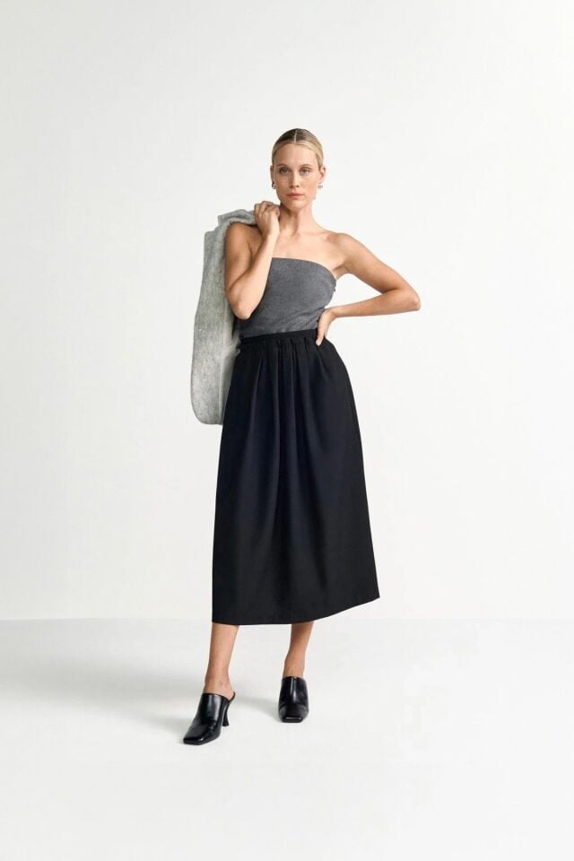 Kadın Yüksek Bel Pileli Lastikli Midi - Uzun Boy A Kesim Etek SİYAH - 42