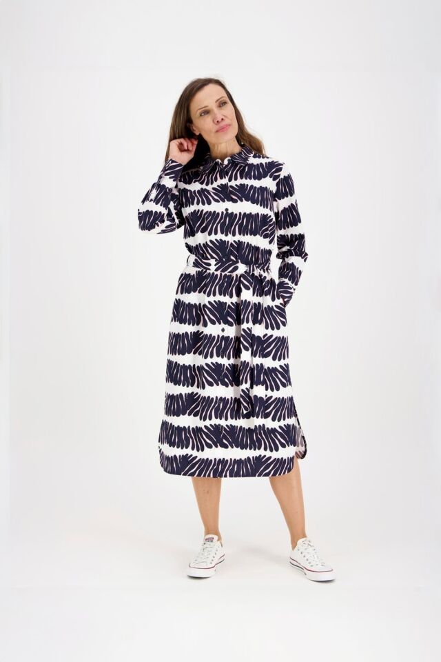 Kadın Lacivert Desenli Uzun Kollu Kuşaklı Gömlek Elbise LACİVERT - 44