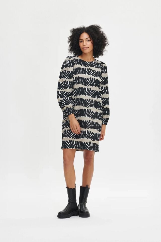 Kadın Desenli Uzun Kollu Balon Kol Mini Elbise BEJ - 46