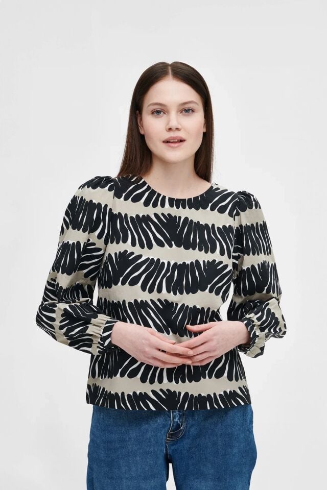 Kadın Desenli Uzun Kollu Balon Kol Bluz BEJ - 46