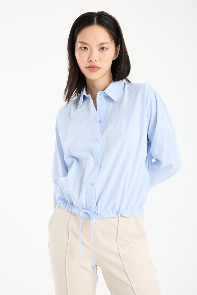 Kadın Belden Bağcıklı, Büzgülü Uzun Kollu Gömlek MAVİ - 44