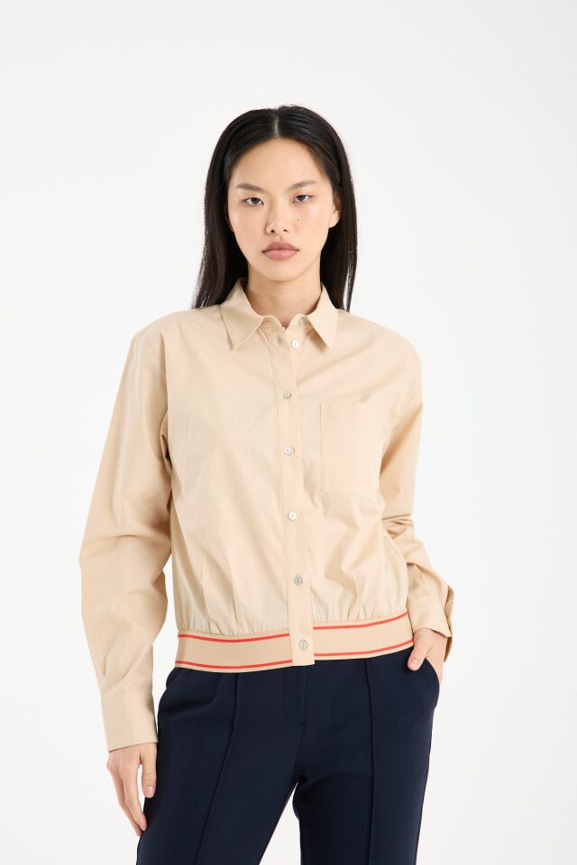 Kadın Ribana Lastik Detaylı Uzun Kollu Gömlek BEJ - 42