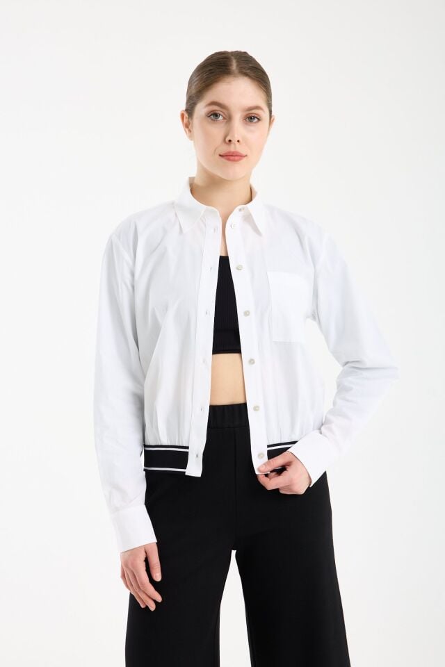 Kadın Ribana Lastik Detaylı Uzun Kollu Gömlek BEYAZ - 42