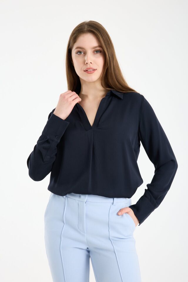 Kadın Gömlek Yaka Uzun Kollu İpeksi Saten Bluz LACİVERT - 40