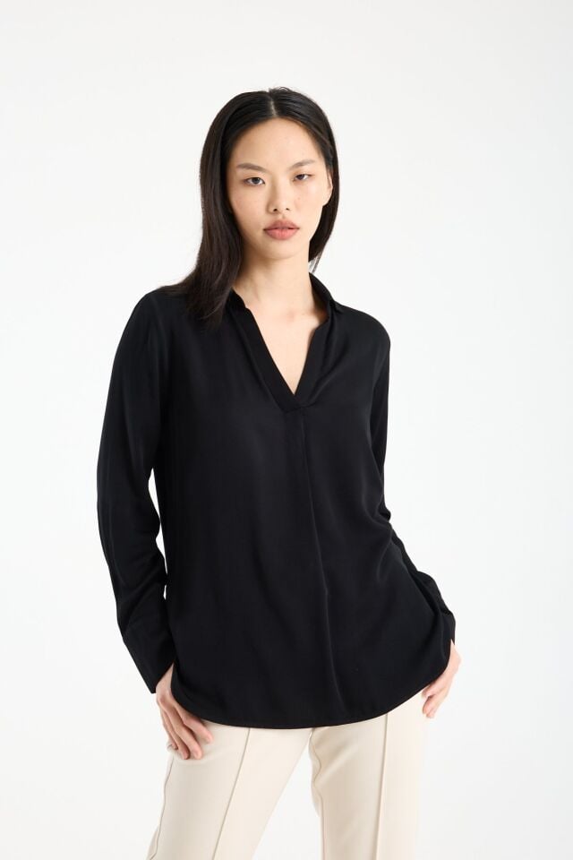 Kadın Gömlek Yaka Uzun Kollu İpeksi Saten Bluz SİYAH - 42