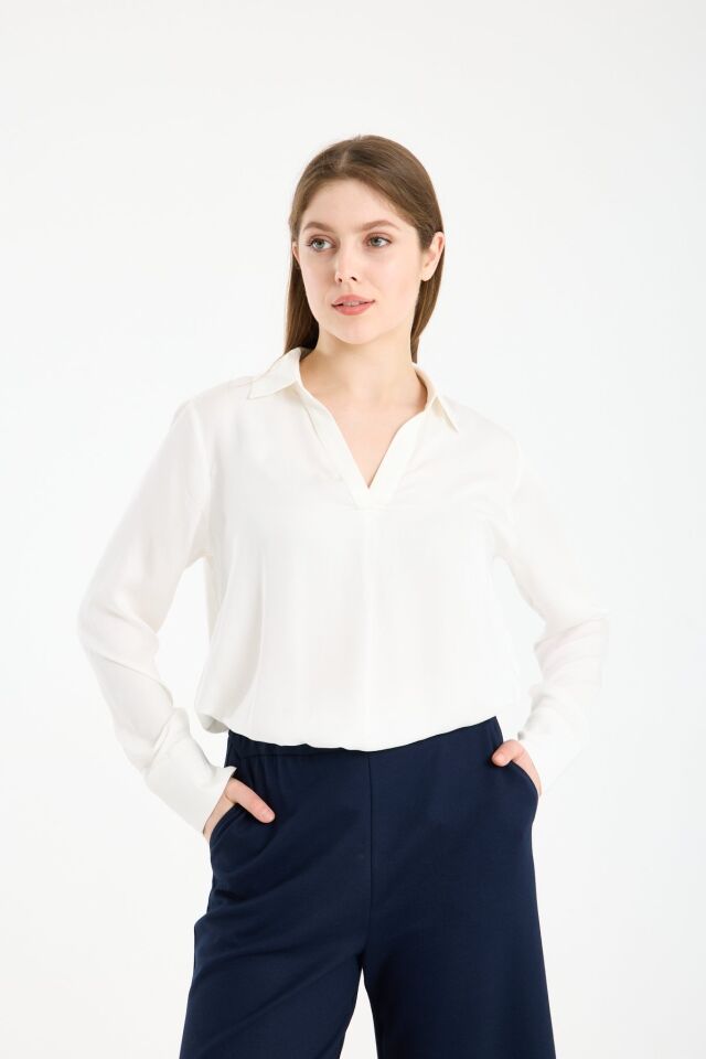 Kadın Gömlek Yaka Uzun Kollu İpeksi Saten Bluz EKRU - 42