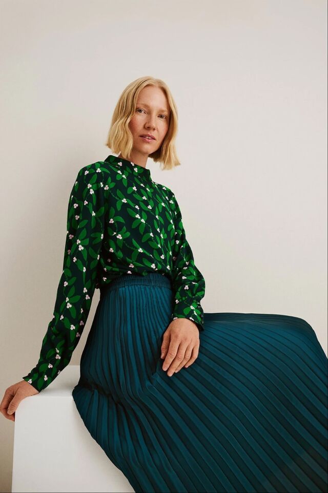 Kadın Desenli Dik Yaka Uzun Kollu Viskon Bluz YEŞİL - 46