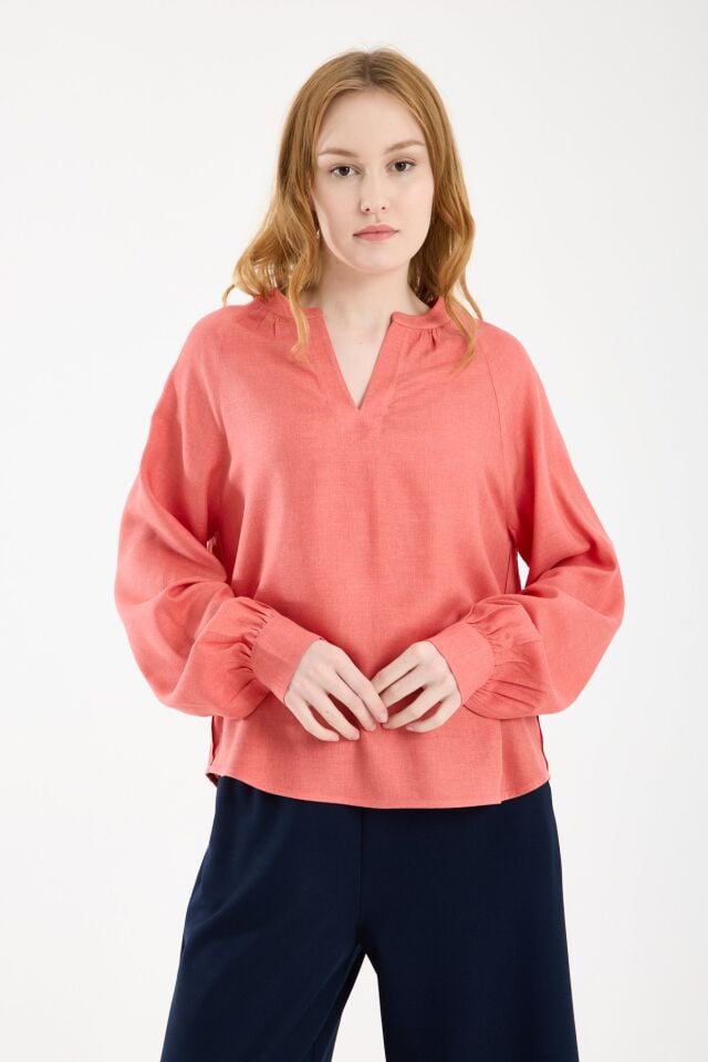 Kadın Hakim V Yaka Keten Görünümlü Uzun Kollu Manşetli Viskon Bluz NAR ÇİÇEĞİ - 44