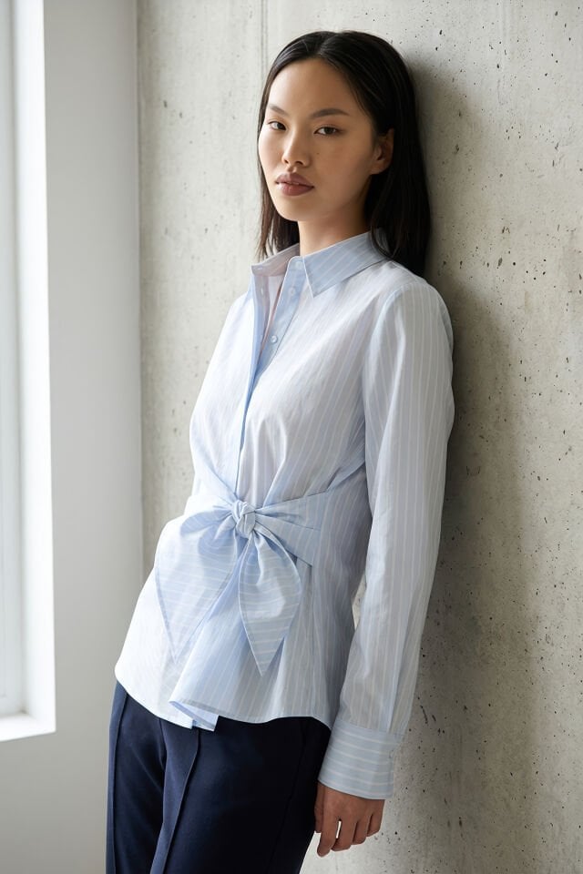 Kadın Bağlama Detaylı Çizgili Gömlek MAVİ - 42