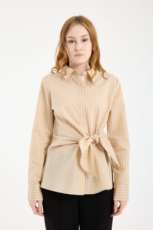 Kadın Bağlama Detaylı Çizgili Gömlek BEJ - 42