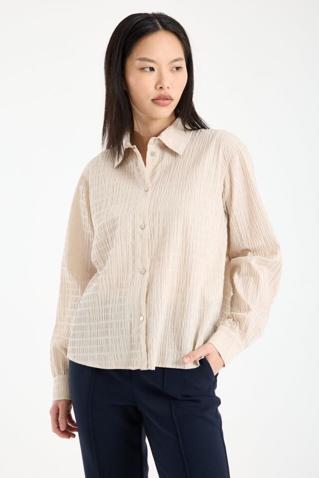 Kadın Dokulu Çizgili Uzun Kollu Gömlek BEJ - 44