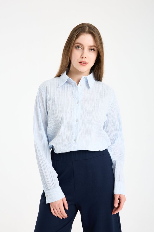 Kadın Dokulu Çizgili Uzun Kollu Gömlek MAVİ - 44