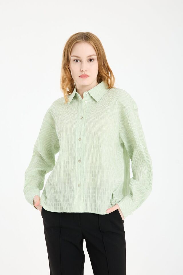 Kadın Dokulu Çizgili Uzun Kollu Gömlek YEŞİL - 36