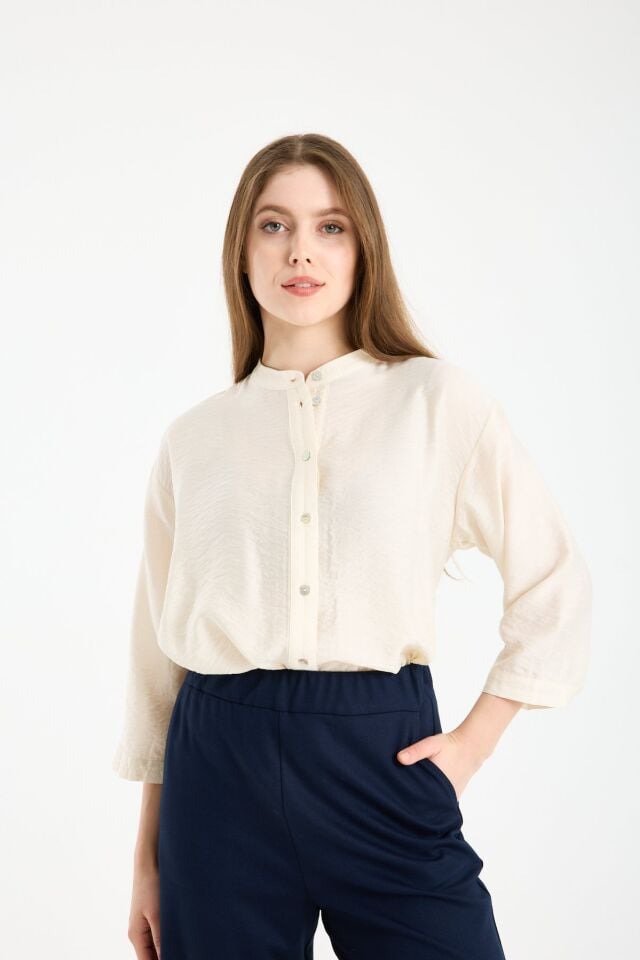 Kadın Hakim Yaka Sedef Düğmeli Yetim Kollu Gömlek BEJ - 44