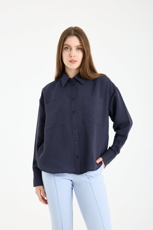 Kadın Çizgili Cepli Uzun Kollu Gömlek LACİVERT - STANDART