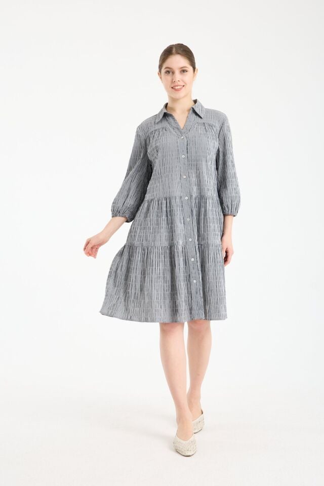 Kadın Çizgili Gömlek Yaka Sedef Düğmeli Büzgü Detaylı Dokulu Kumaş Elbise GRİ - 44