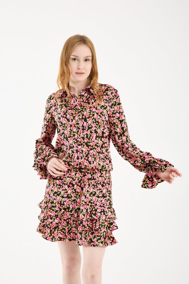 Kadın Desenli Düğmeli Katlı Etekli Beli Lastikli Mini Elbise PEMBE - STANDART