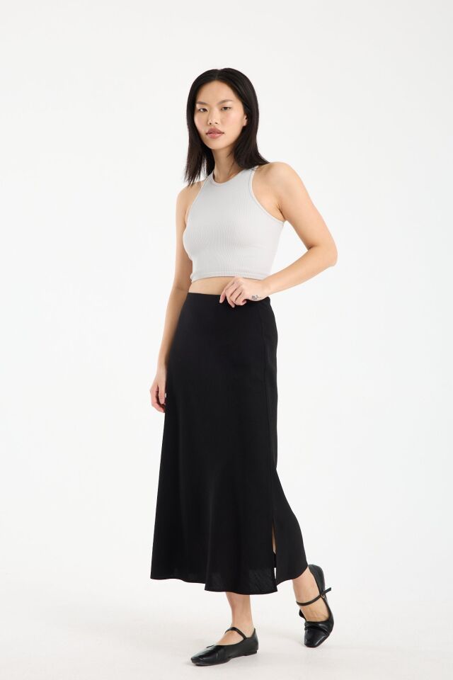 Kadın Beli Lastikli Dökümlü Yazlık Midi Keten Etek SİYAH - 42