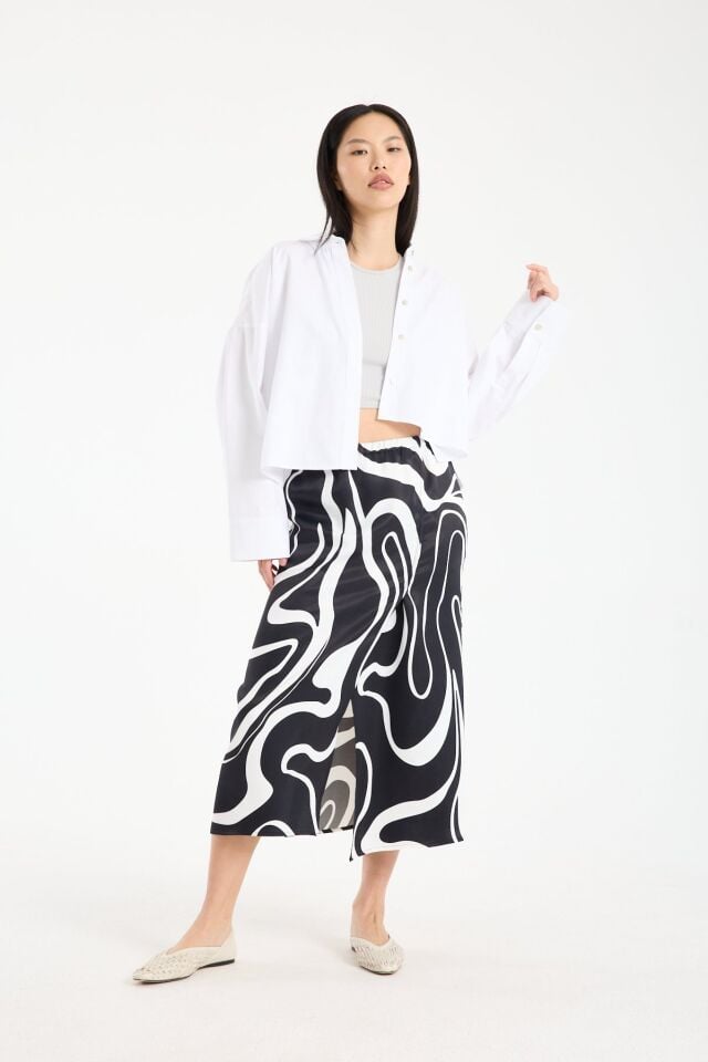 Kadın Desenli Kruvaze Kesim Beli Lastikli Saten Midi Etek SİYAH-BEYAZ - 42