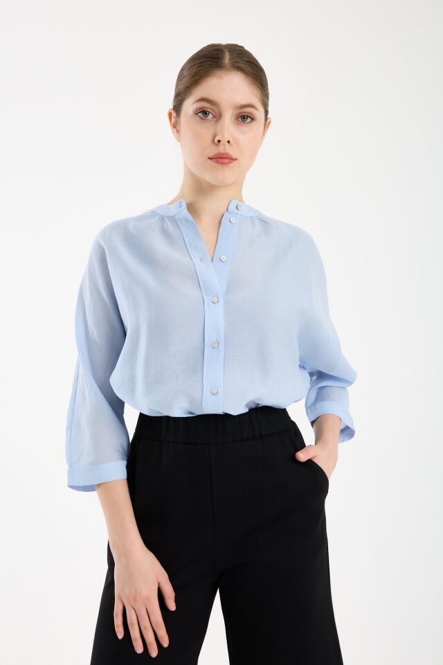 Kadın Büzgü Detaylı Hakim Yaka Yetim Kol Viskon Gömlek MAVİ - 44