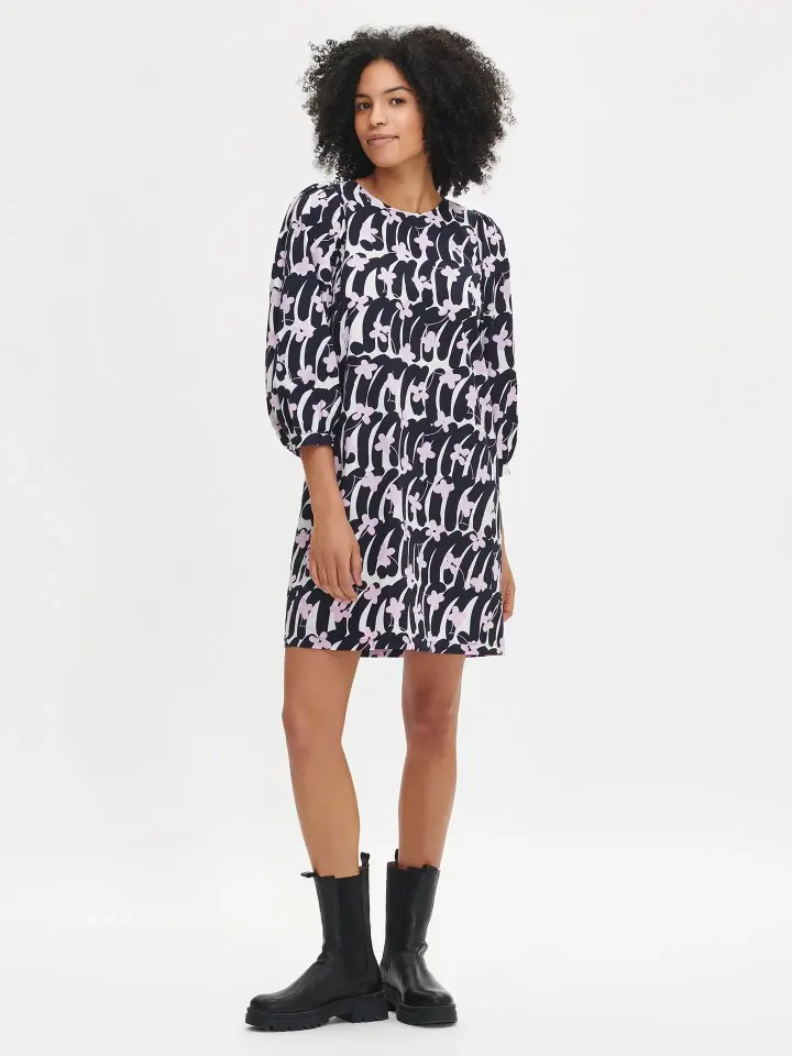 Kadın Desenli Yuvarlak Yaka Balon Kol Pamuklu Mini Elbise LACİVERT - 46