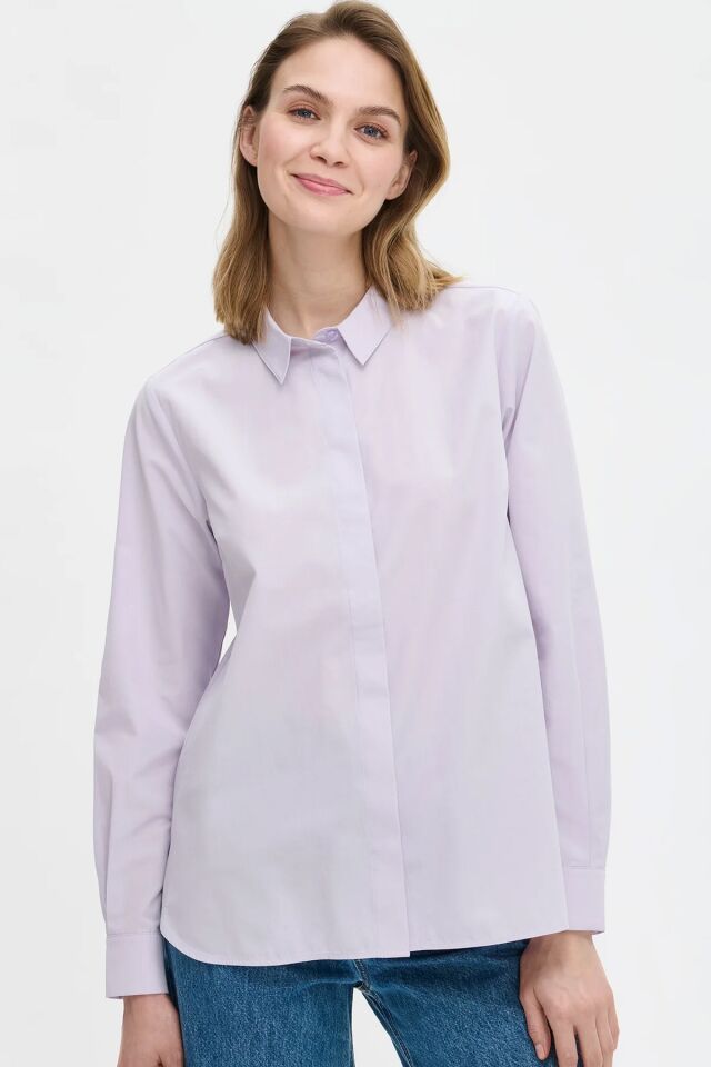 Kadın Düz Gizli Patlı Pamuklu Uzun Kollu Gömlek LİLA - 48